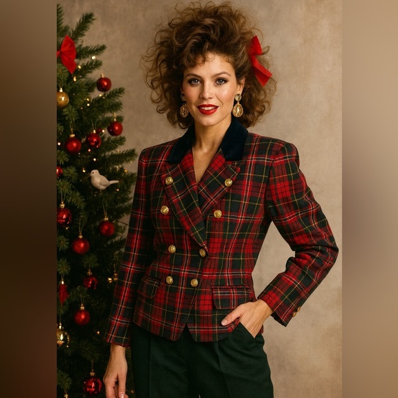 vintage 90s PLAID CROPPED JACKET blazer double breasted 100% wool tweed 8 - Picture 2 of 8